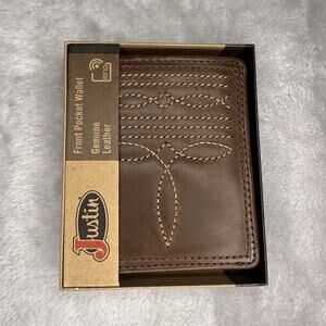 Justin Front Pocket Wallet Brown Genuine Leather Western Boot Stitch RFID Bifold